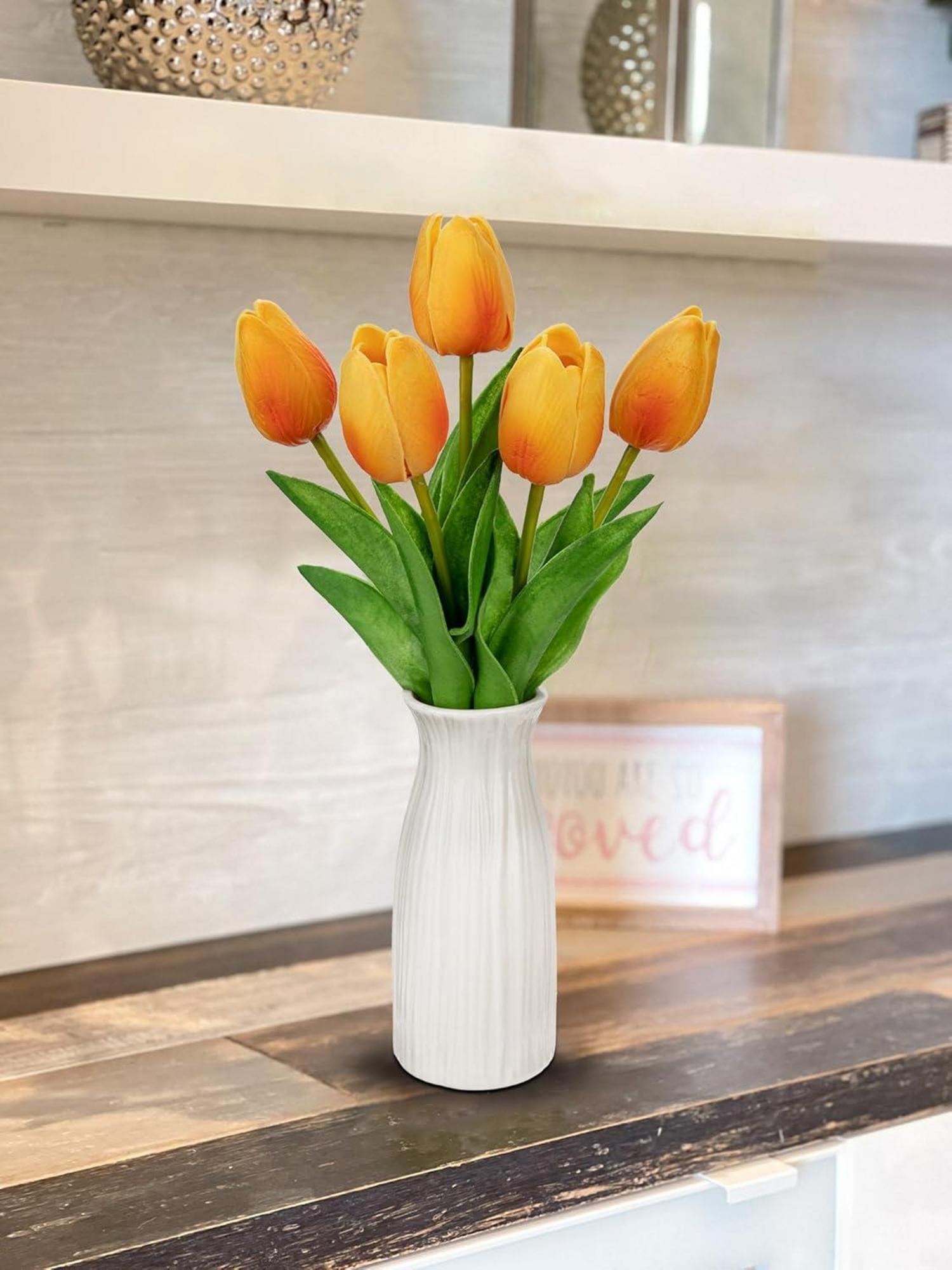 Kunstblumen Tulpen Orange 30cm Vase Keramik Deko Pflanze