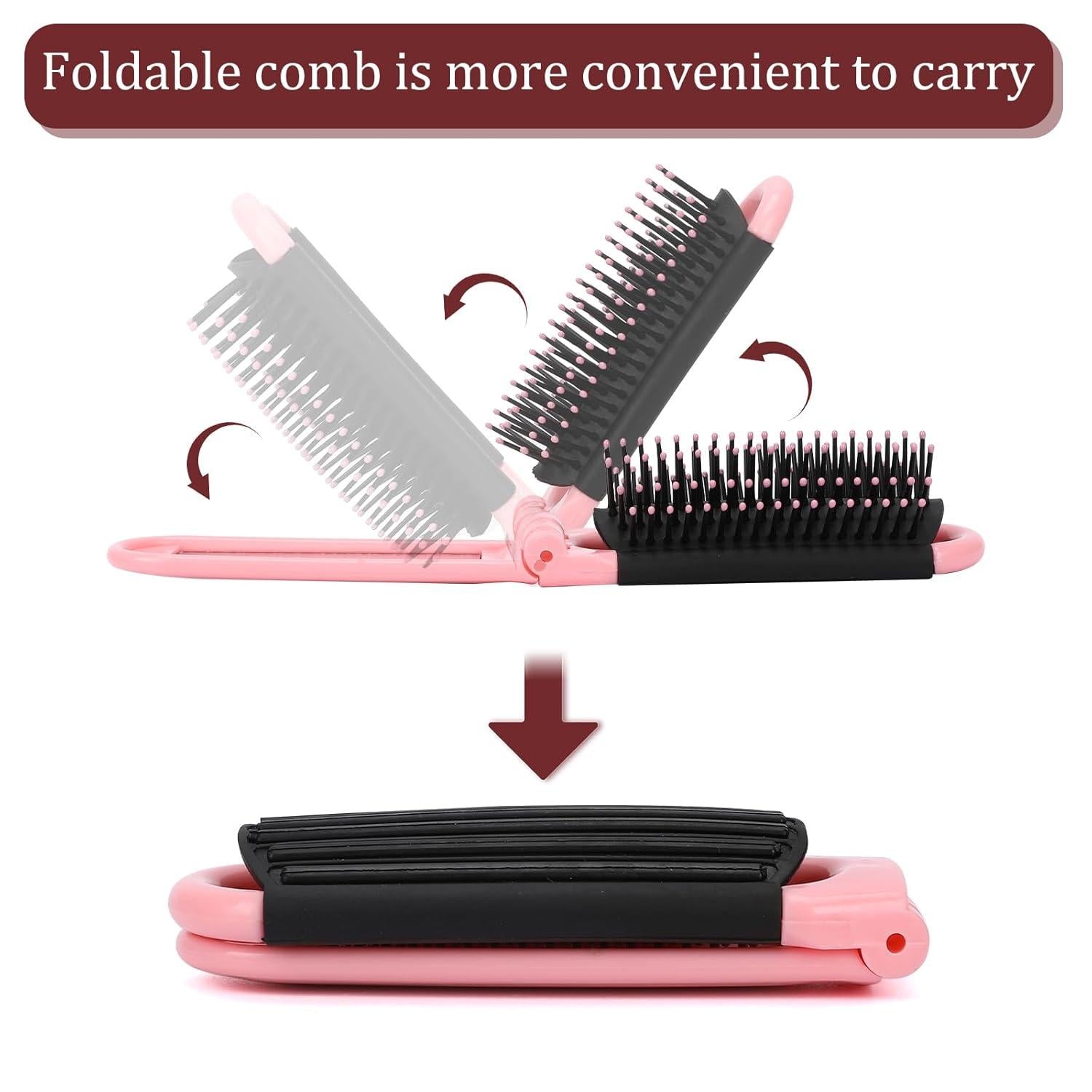 2er Set Faltbare Reisehaarbürste mit Spiegel Schwarz Rosa Mini Haarkamm