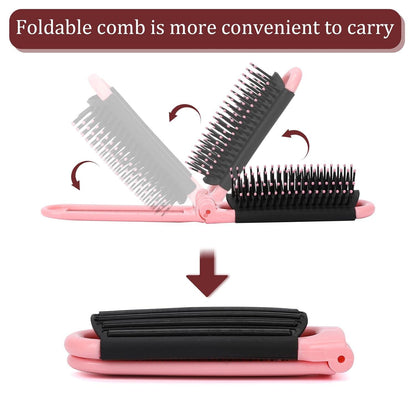 2er Set Faltbare Reisehaarbürste mit Spiegel Schwarz Rosa Mini Haarkamm