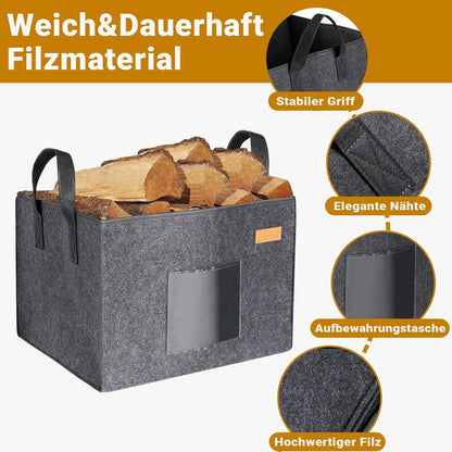 Holzkorb Filztasche 46x40x32cm Kaminholz Brennholz Dunkelgrau