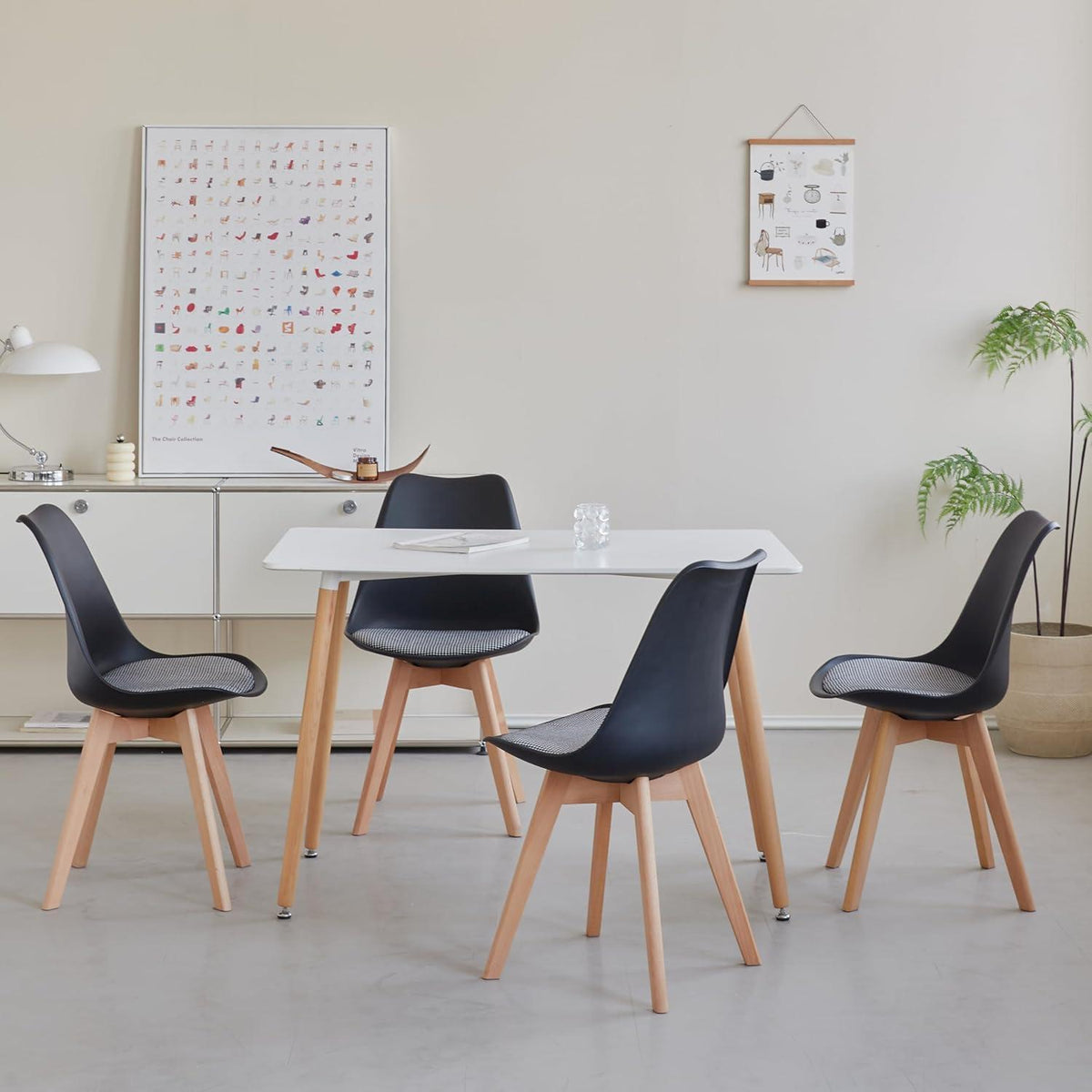 Skandinavische Esszimmerstühle 6er-Set Schwarz Massivholz