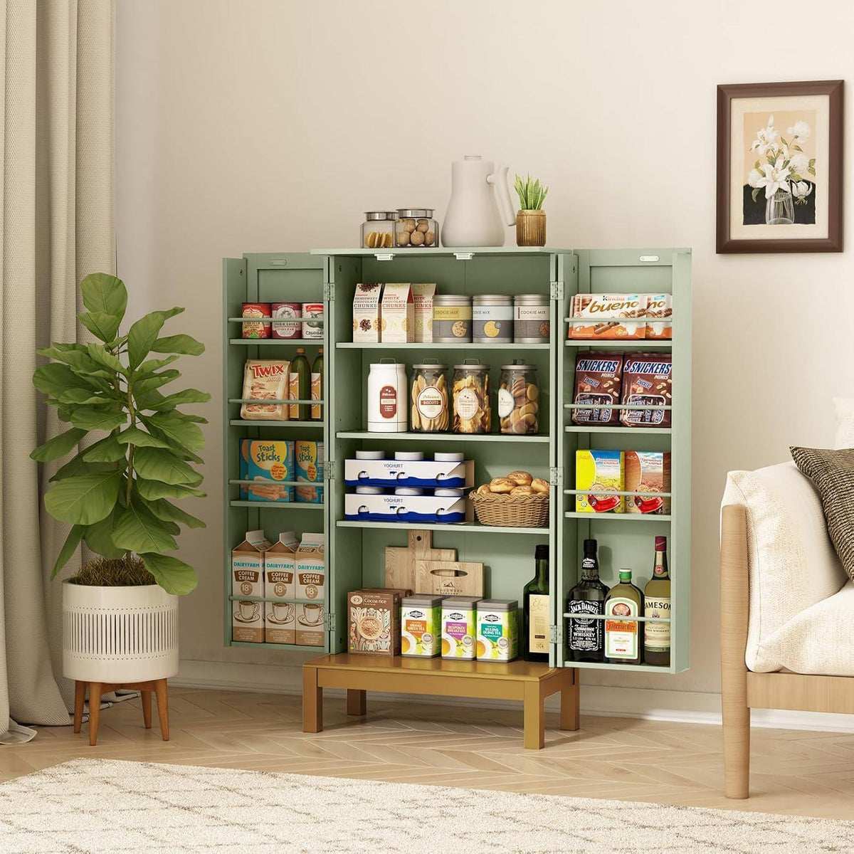 Grüner Mehrzweckschrank mit goldenen Akzenten & verstellbarem Regal