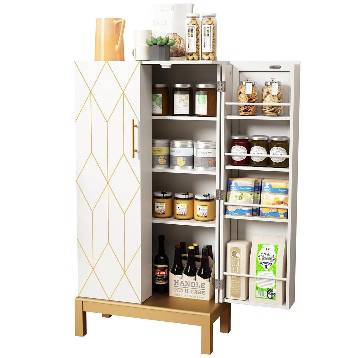 Weißer Küchenschrank mit goldenen Akzenten & verstellbarem Regal
