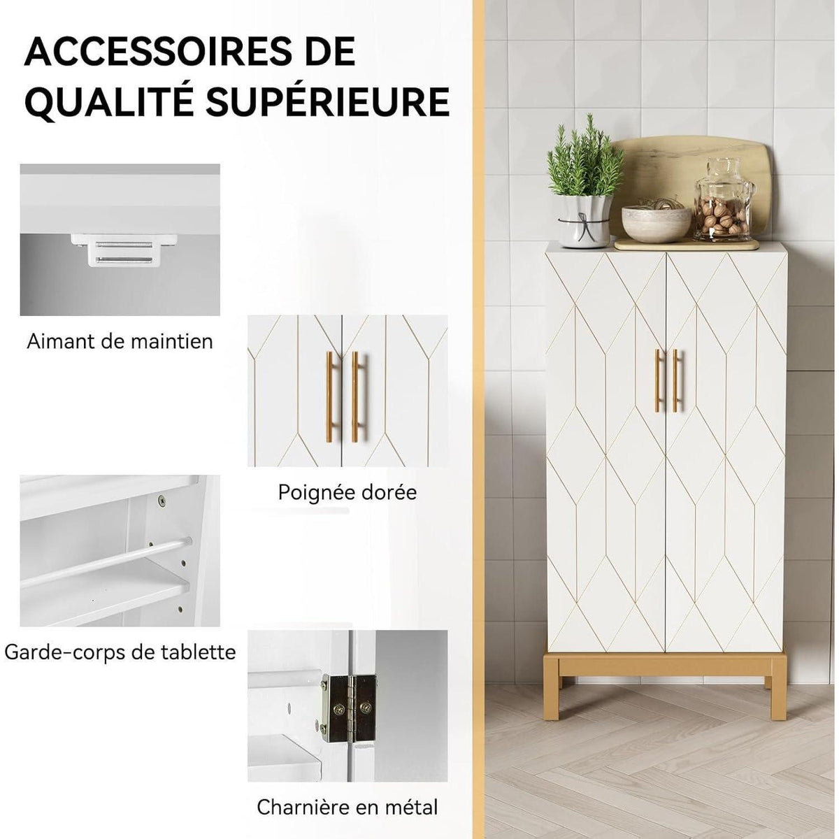 Weißer Küchenschrank mit goldenen Akzenten & verstellbarem Regal
