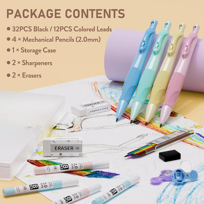 4 Candies Ergonomisches Druckbleistift-Set für Kinder 4 Stifte 2MM 44 HB Minen 2