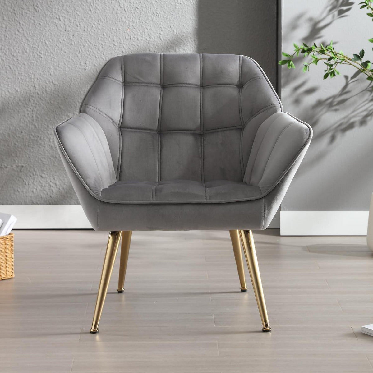Gepolsterter Samt Sessel mit Armlehne – Modernes Wohnzimmer Loungemöbel Grau
