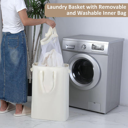 iEGrow Wäschekorb 50l Beige - Wäschesammler Schmal mit Herausnehmbarer Innentasche