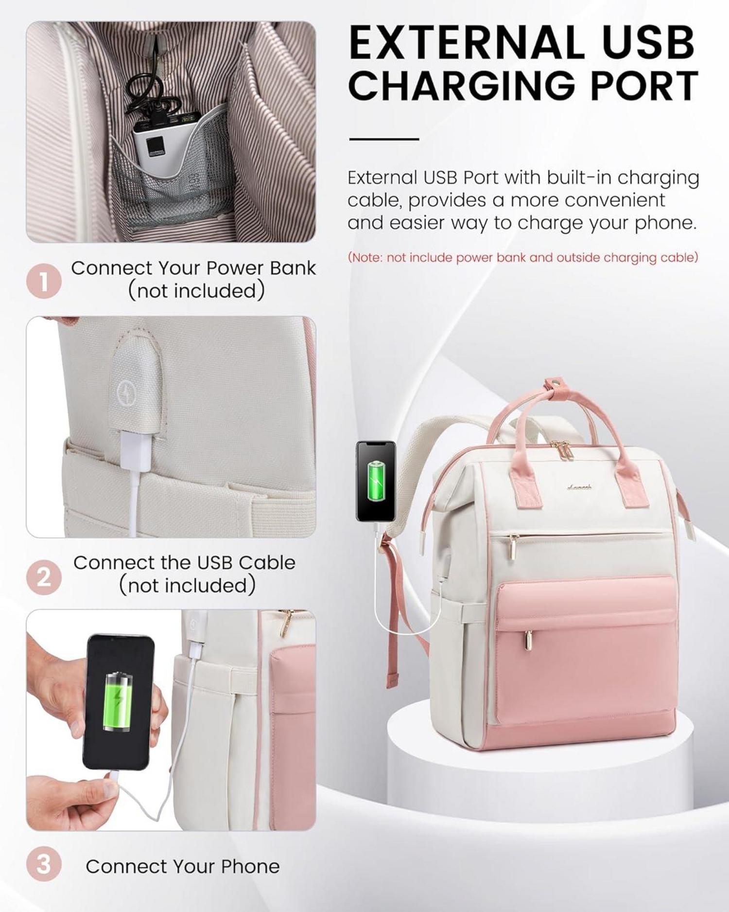 LOVEVOOK Schulrucksack Mädchen 15,6 Zoll Laptop-Fach Beige Rosa