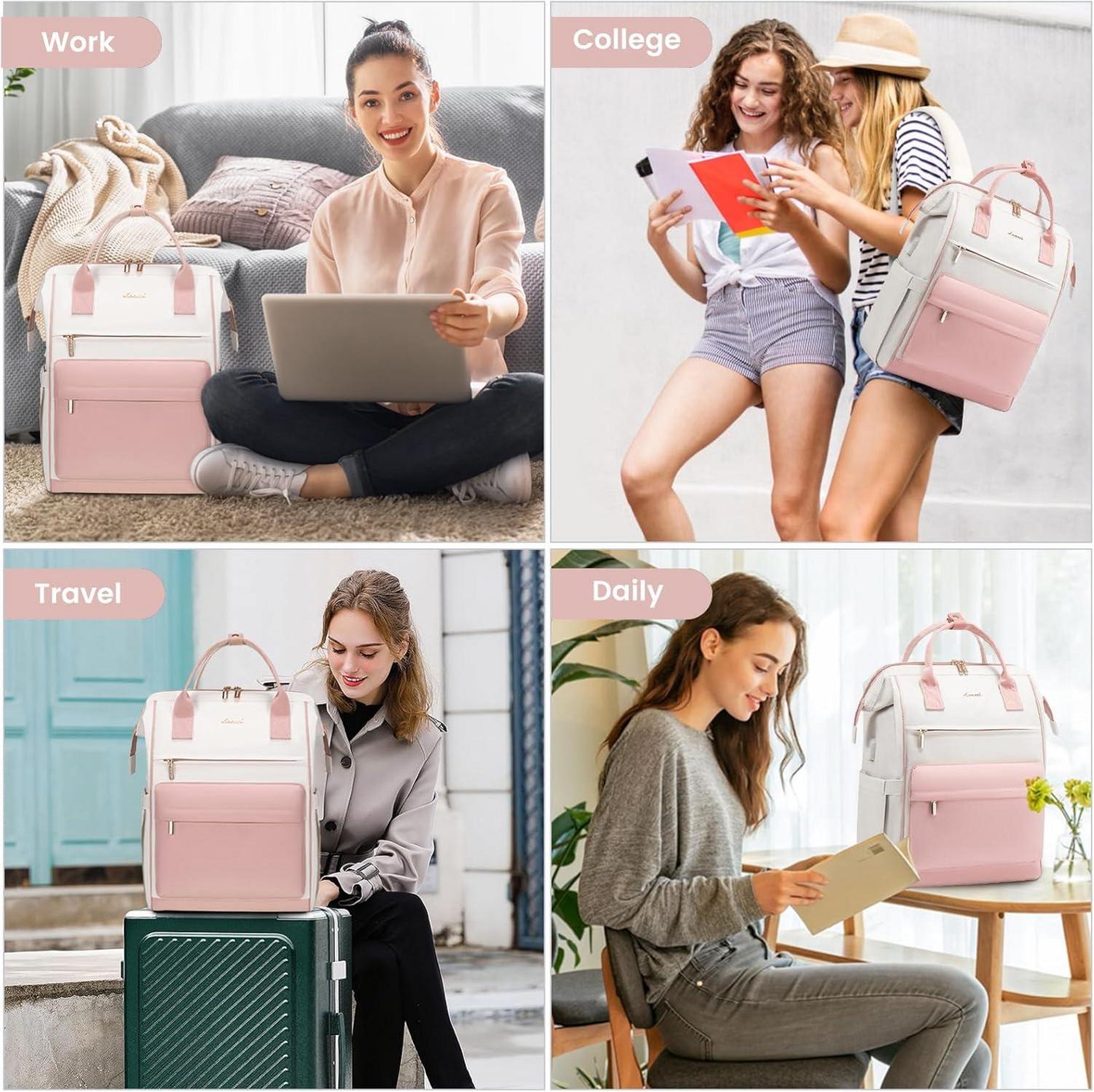 Schulrucksack Mädchen LOVEVOOK Damen 15,6 Zoll Laptop Wasserdicht Beige Rosa