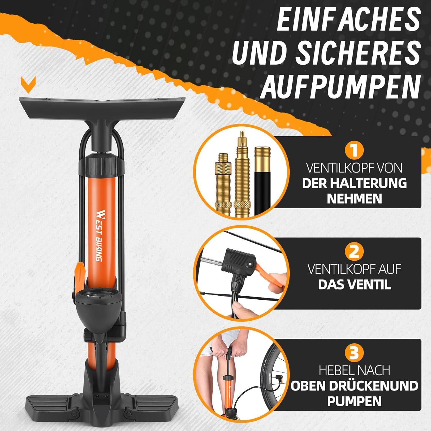Fahrradpumpe mit Manometer - Alle Ventile, 11Bar/160 Psi, für Rennrad