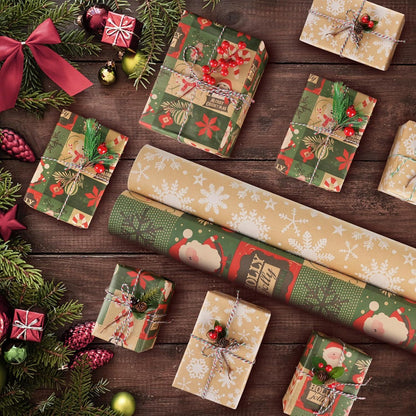 2 Rollen Weihnachtspapier Set 43cm x 15m Nature Kraftpapier Xmas