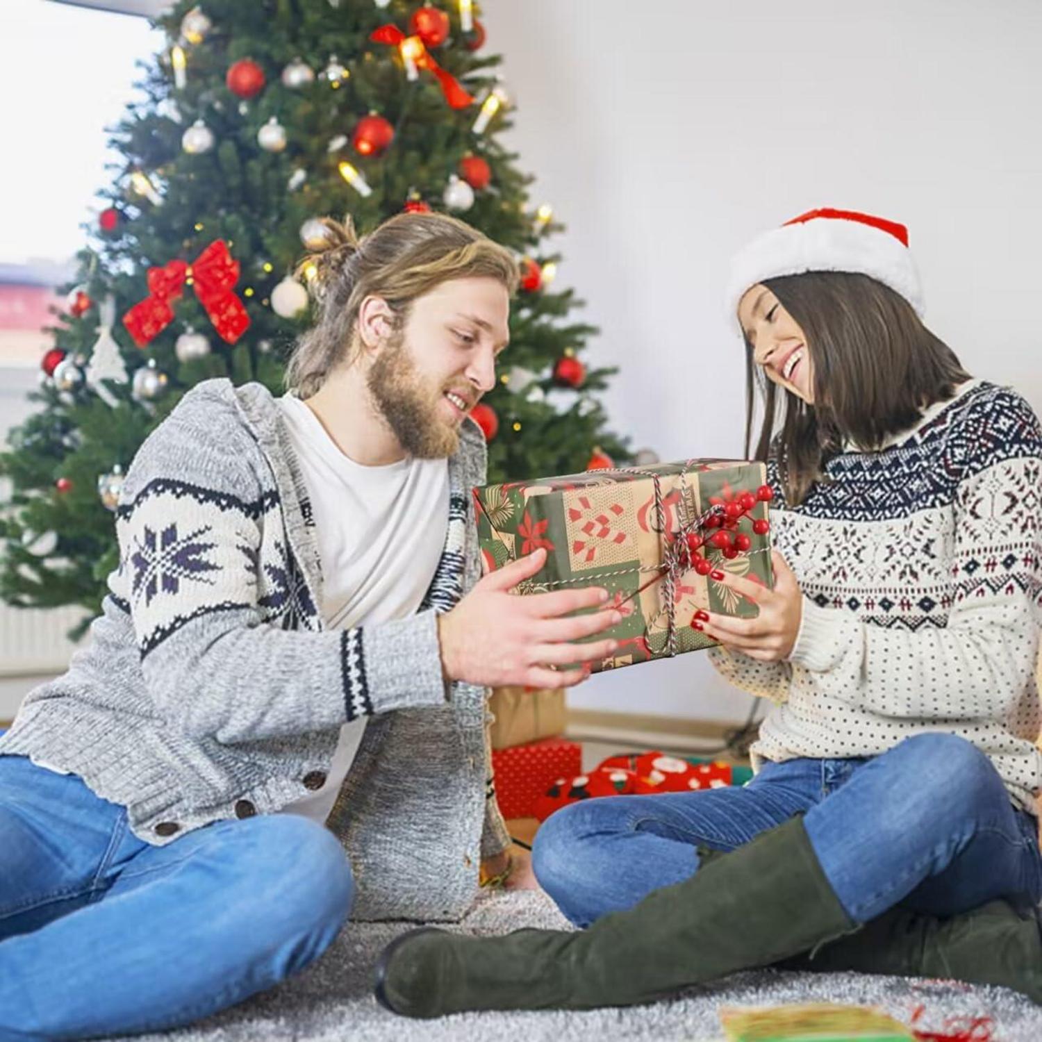 Weihnachtsgeschenkpapier Set, Nature Kraftpapier, Xmas Geschenke, 2 Rollen 43cm x 15m