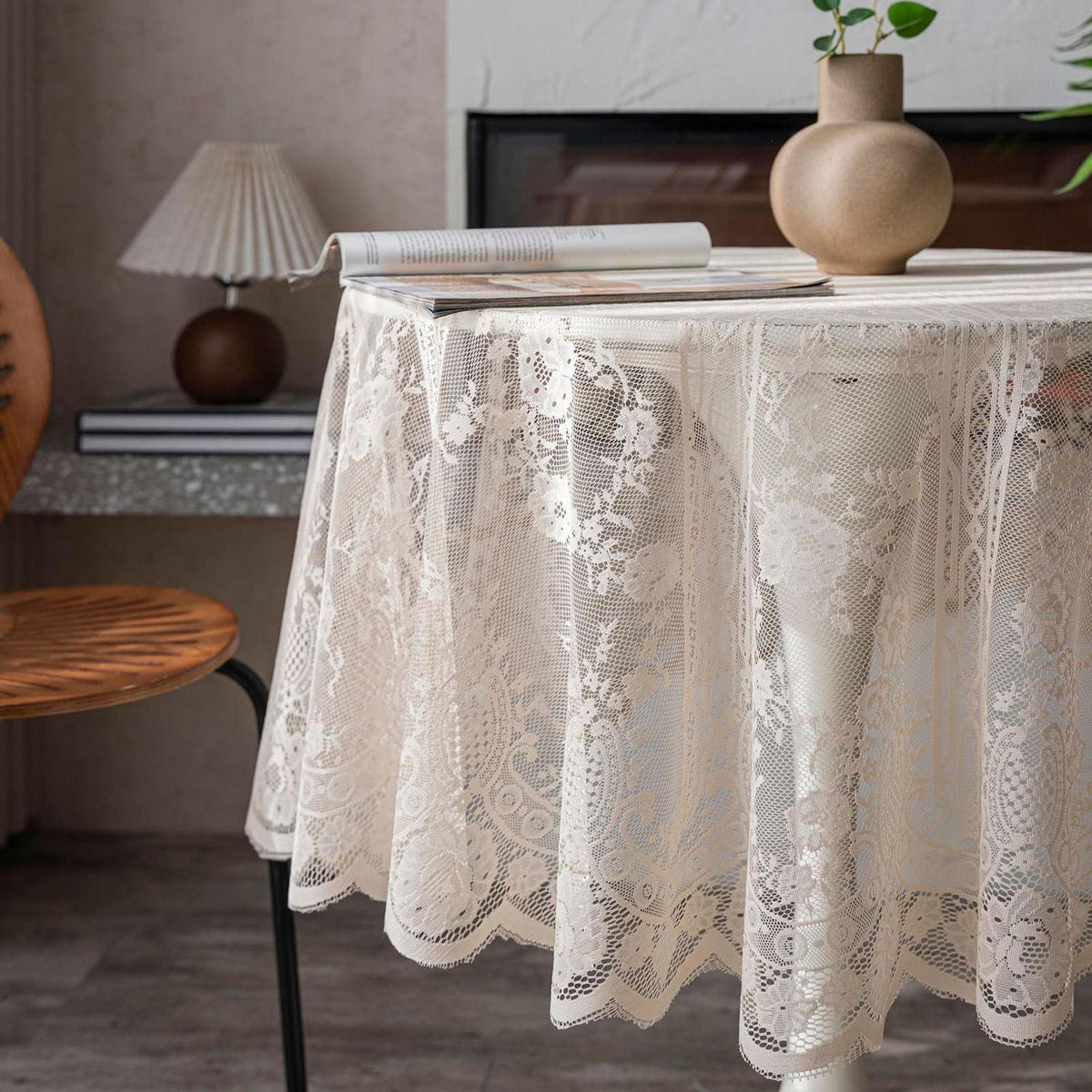 Runde Spitze Tischdecke Beige, Vintage Floral Bestickt