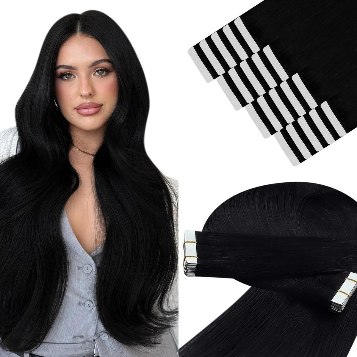 Echthaar Tape Extensions Schwarz 35cm - Remy Haarverlängerung
