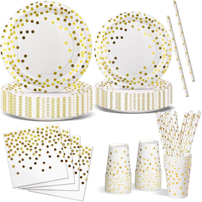 Partygeschirr Set Weißgold für 24 Gäste – Teller, Servietten & Becher