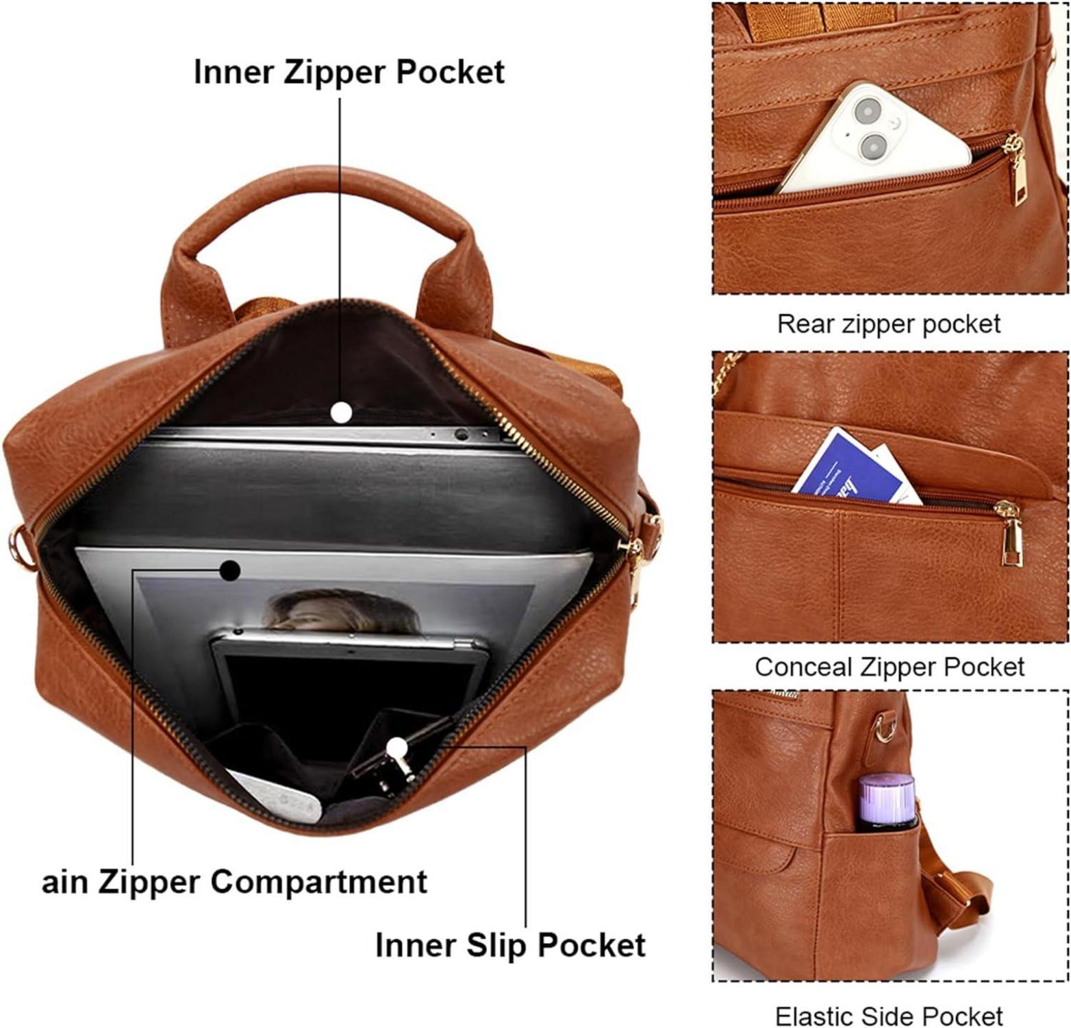 Leathario Damen Rucksack Vegan Leder Elegant Braun 2in1