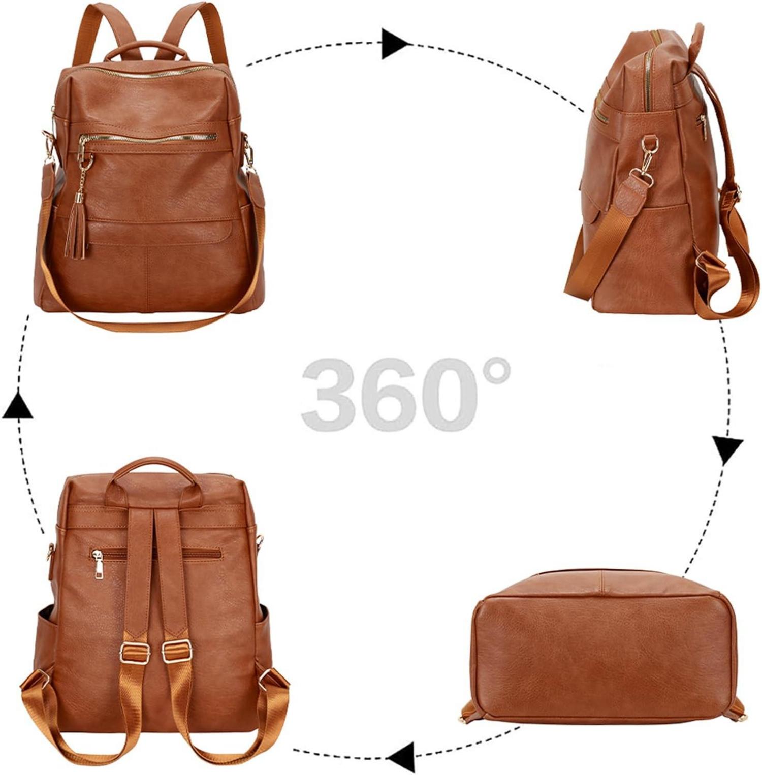 Damen Rucksack Vegan Leder Cityrucksack Elegant Braun 32x16x34cm