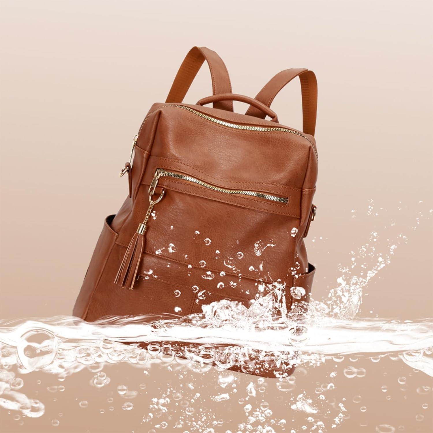 Leathario Damen Rucksack Vegan Leder Braun 2in1 Tagesrucksack