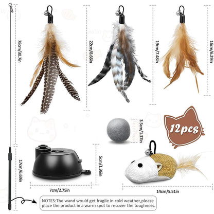 Katzen Spielzeug Set mit Saugnäpfen, Maus, Federn