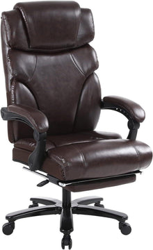 Ergonomischer Bürostuhl mit hoher Rückenlehne und Fußstütze, braun