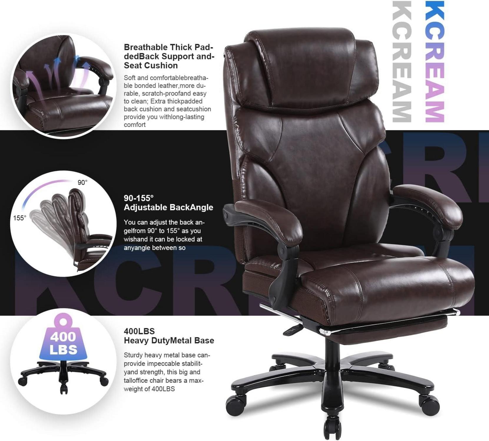 Ergonomischer Bürostuhl mit hoher Rückenlehne und Fußstütze, braun