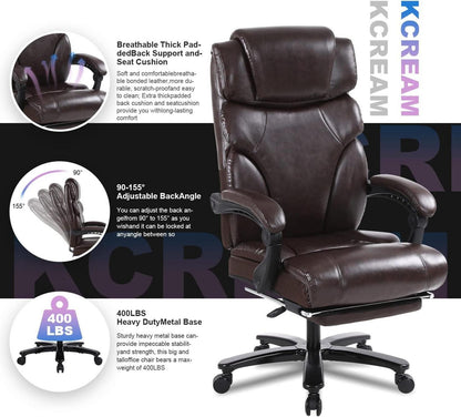 Ergonomischer Bürostuhl mit hoher Rückenlehne und Fußstütze, braun