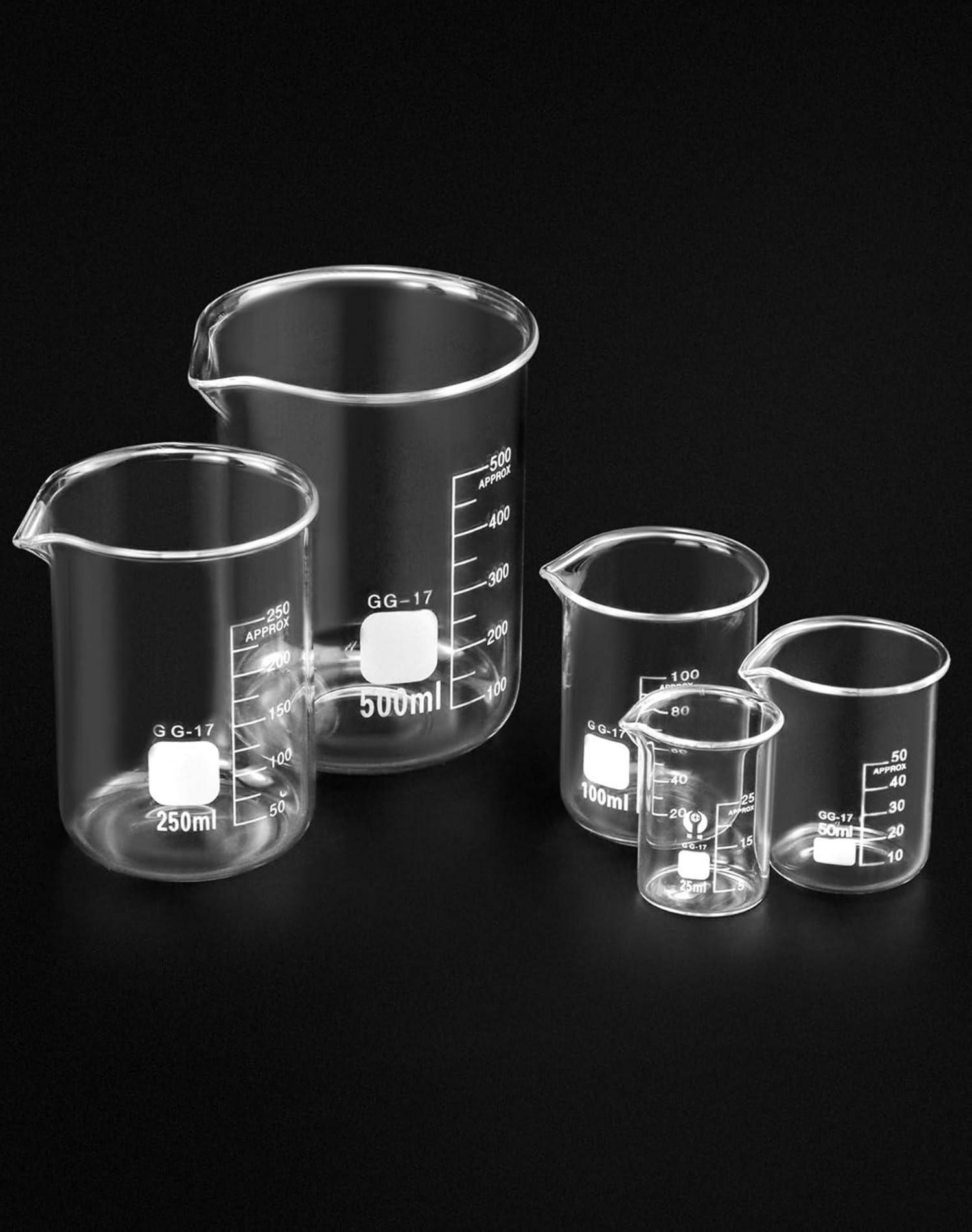 Glas Becherglas 5er Set 25ml-500ml Labor Küche Messbecher Borosilikat
