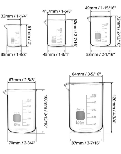 Glas Becherglas 25ml 50ml 100ml 250ml 500ml, 5er Set Abgestufte