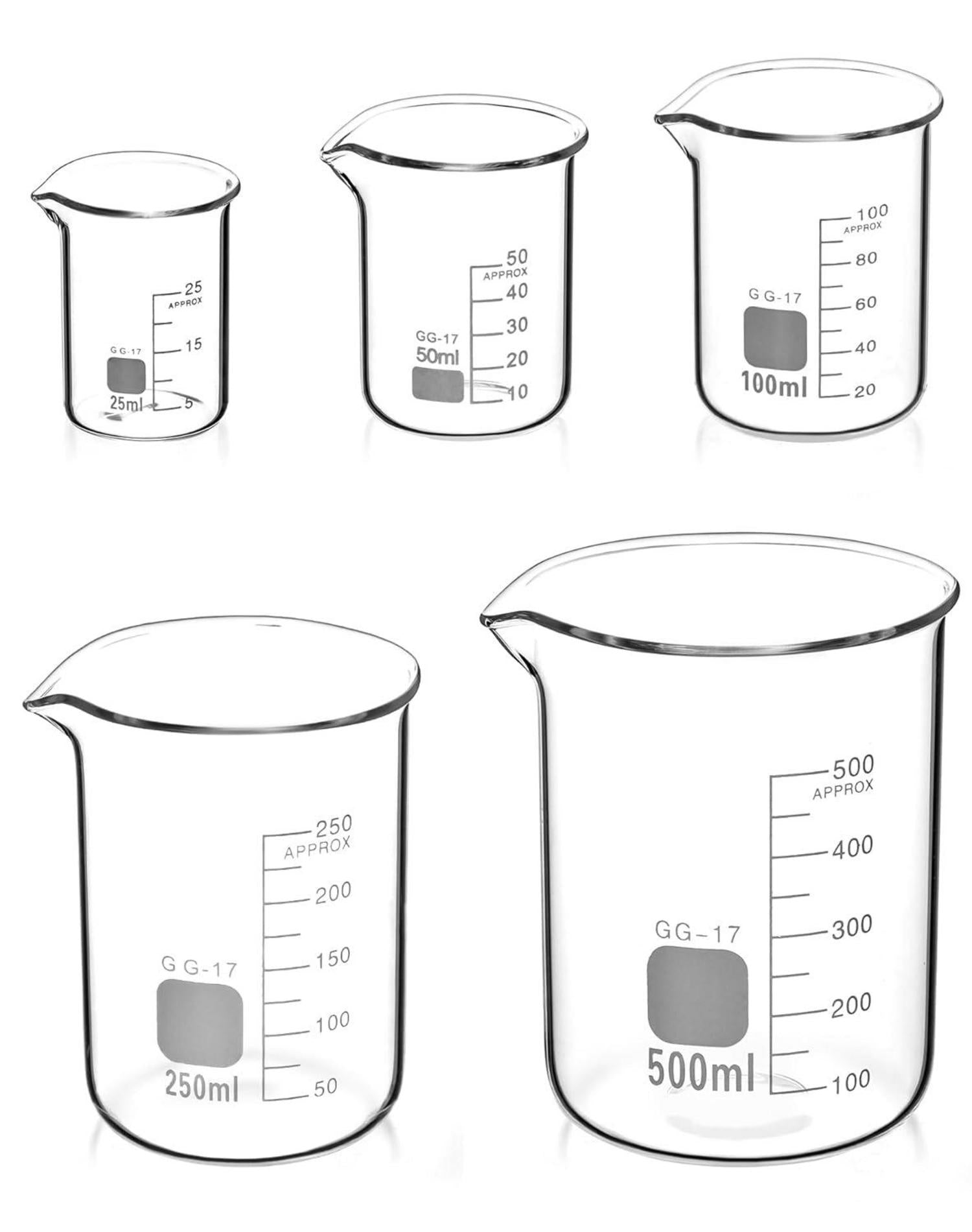 Glas Becherglas 5er Set 25ml-500ml Labor Küche Messbecher Borosilikat