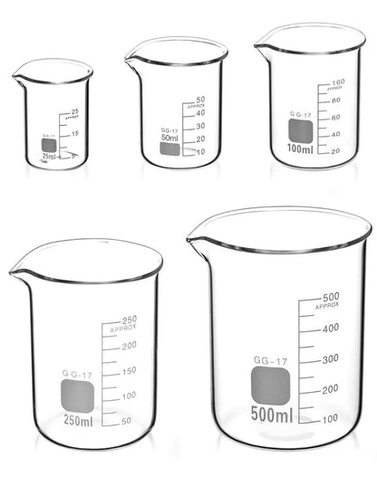 Glas Becherglas 5er Set 25ml-500ml Labor Küche Messbecher Borosilikat