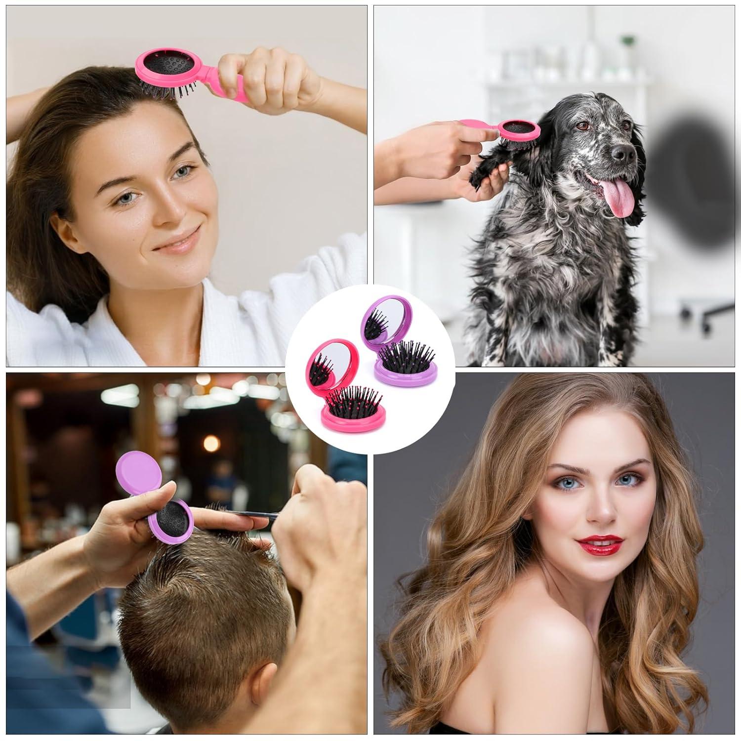 2er Pack Faltbare Runde Haarbürste mit Spiegel für Frauen - Rosig Lila