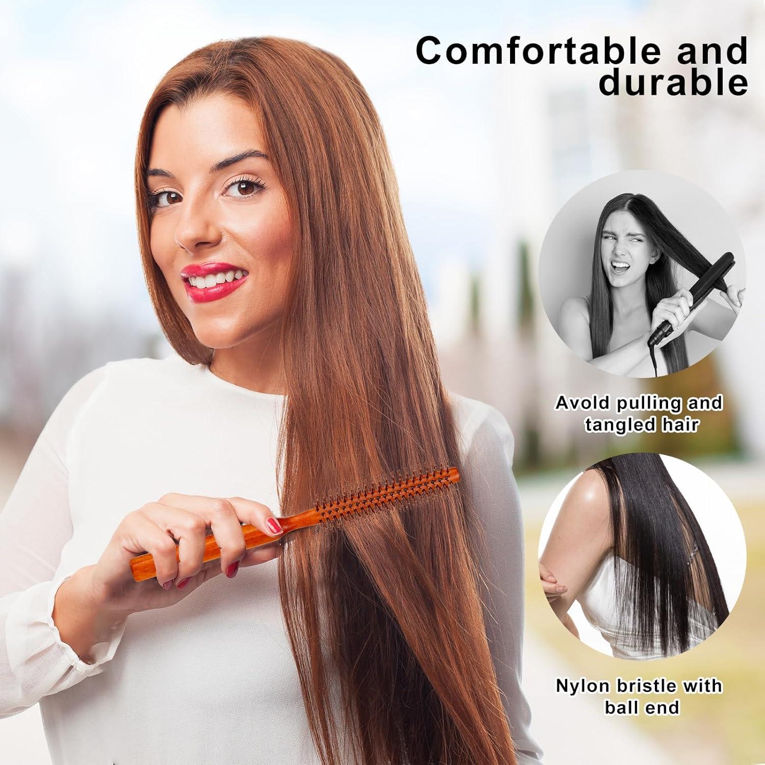 Small Round Hair Brush for Blow Drying with Wooden Handle and Nylon Bristles