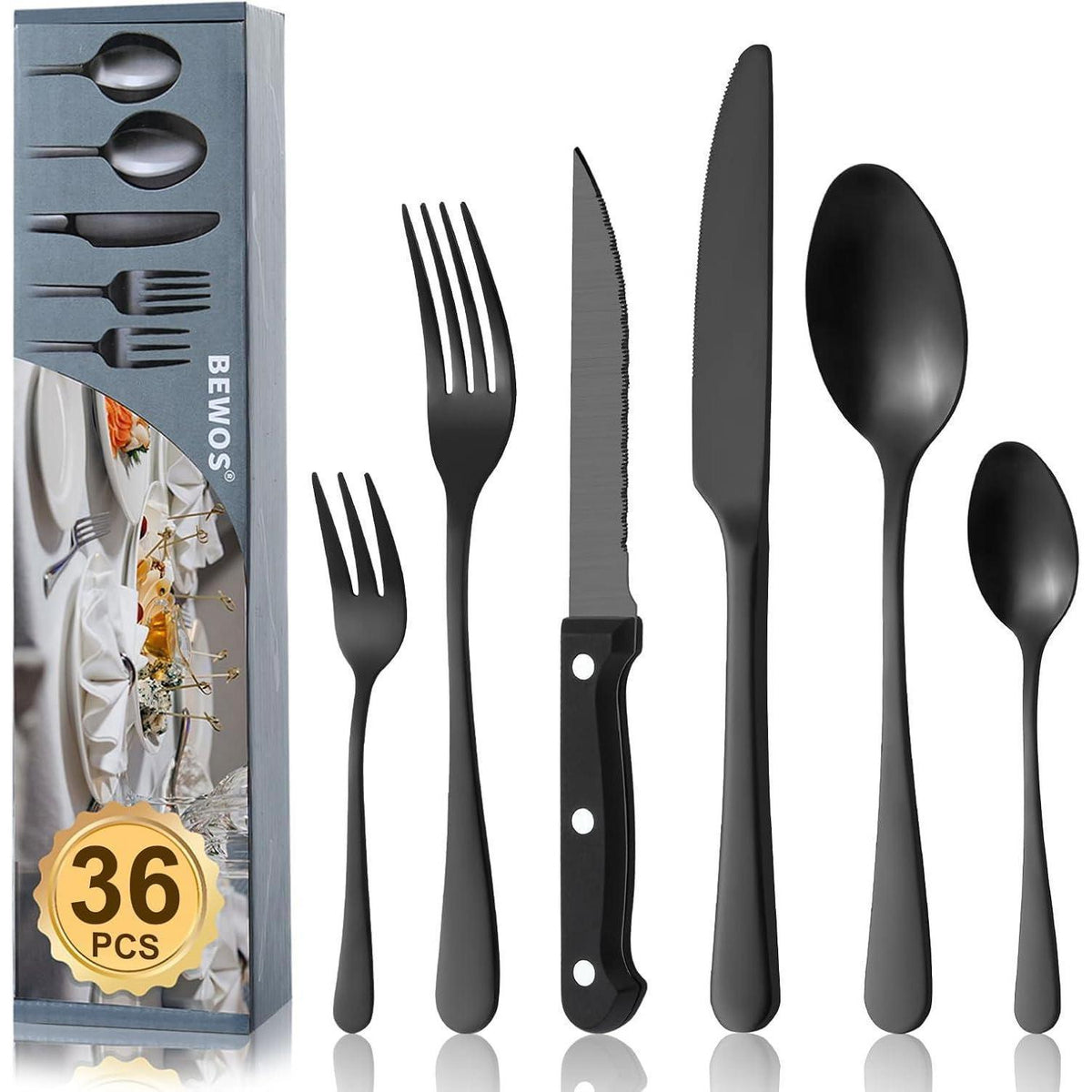 36-teiliges Besteckset für 6 Personen, Edelstahl, Schwarz, Spülmaschinenfest