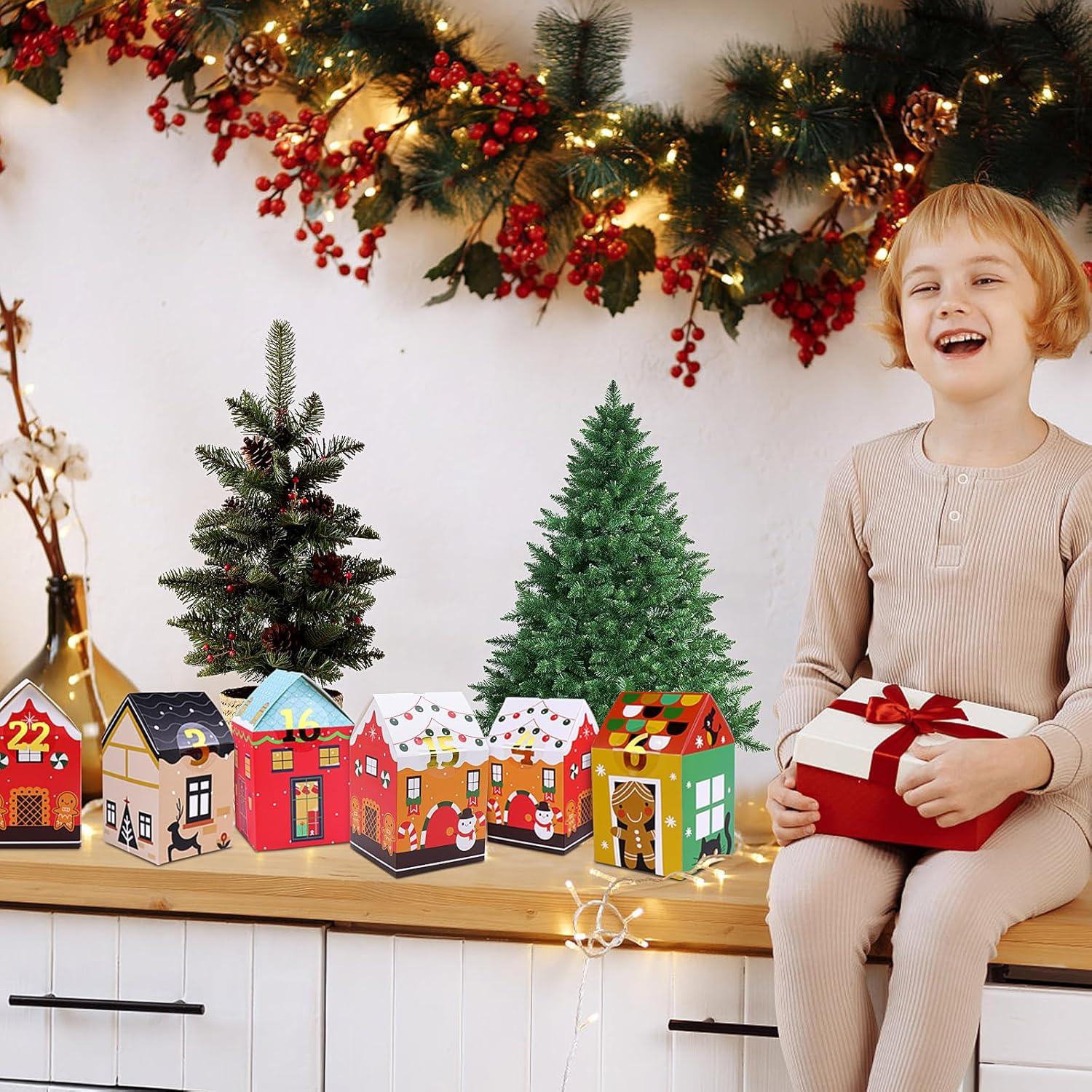 Adventskalender zum Befüllen für Kinder, DIY Weihnachtsdeko 24 Boxen Tüten mit Aufklebern und Bändern