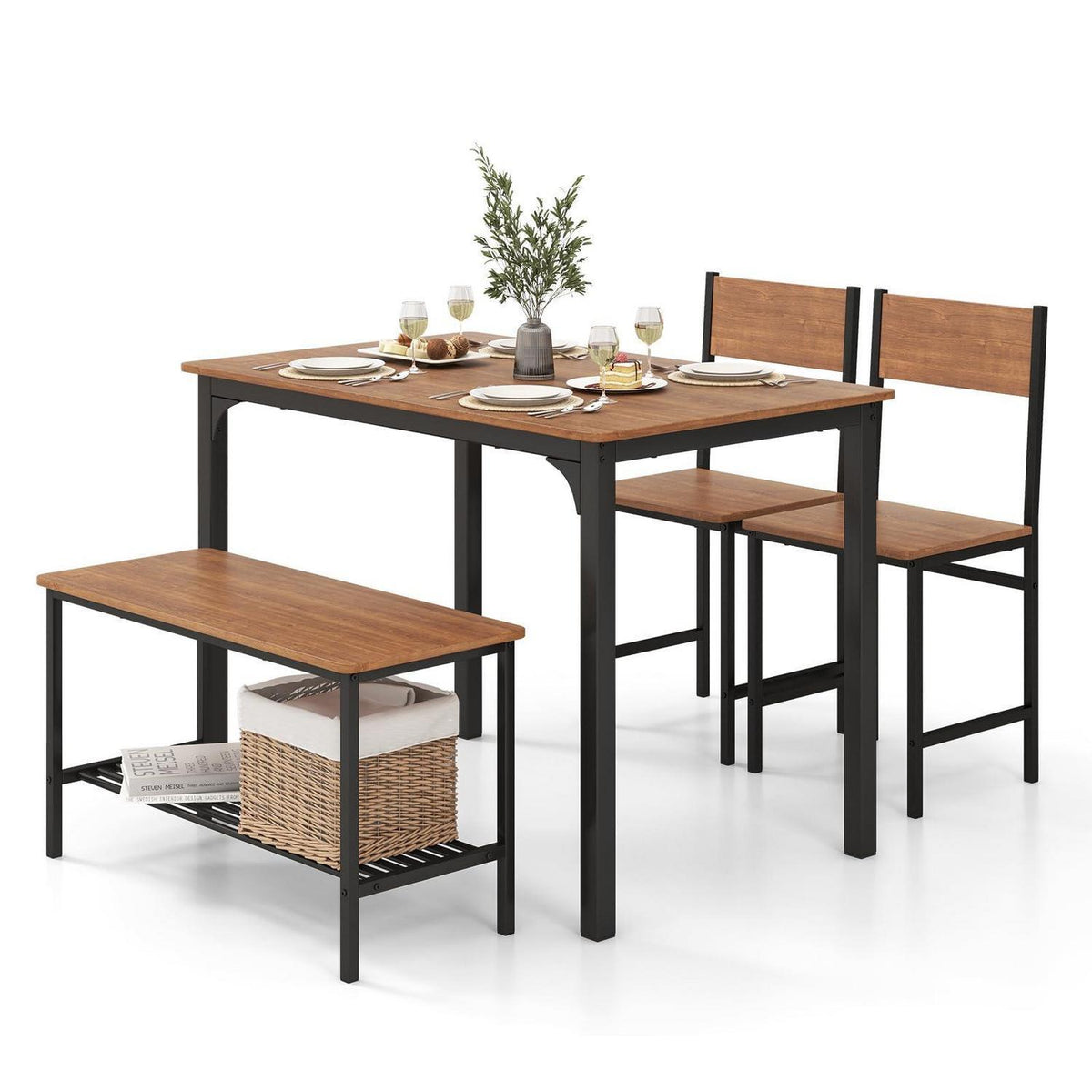 Esstisch Set 4-teilig mit Bank & Stühlen – Industriedesign Braun