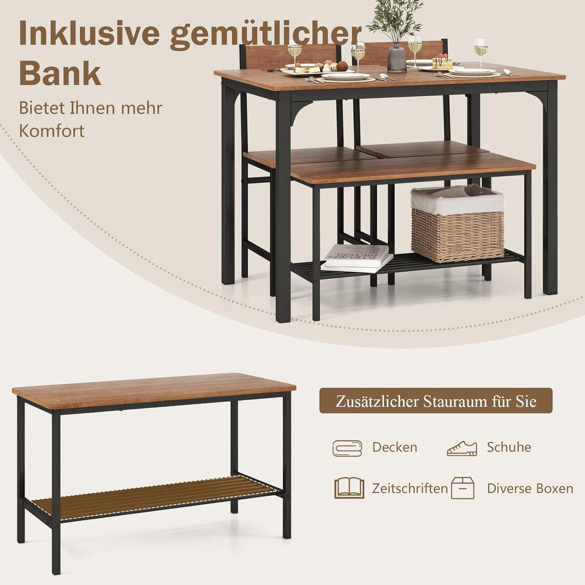Esstisch Set 4-teilig mit Bank & Stühlen – Industriedesign Braun