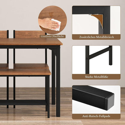 Esstisch Set 4-teilig mit Bank & Stühlen – Industriedesign Braun