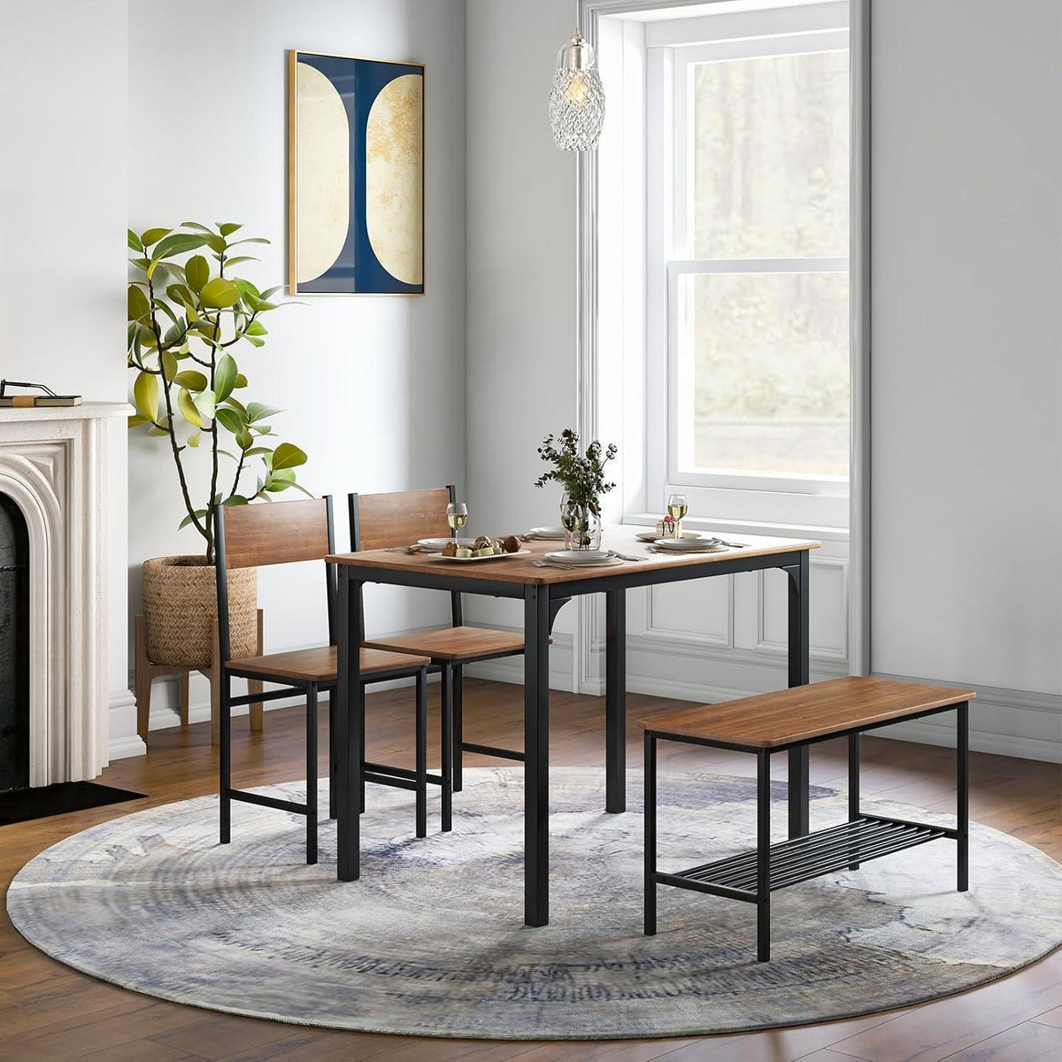 Esstisch Set 4-teilig mit Bank & Stühlen – Industriedesign Braun