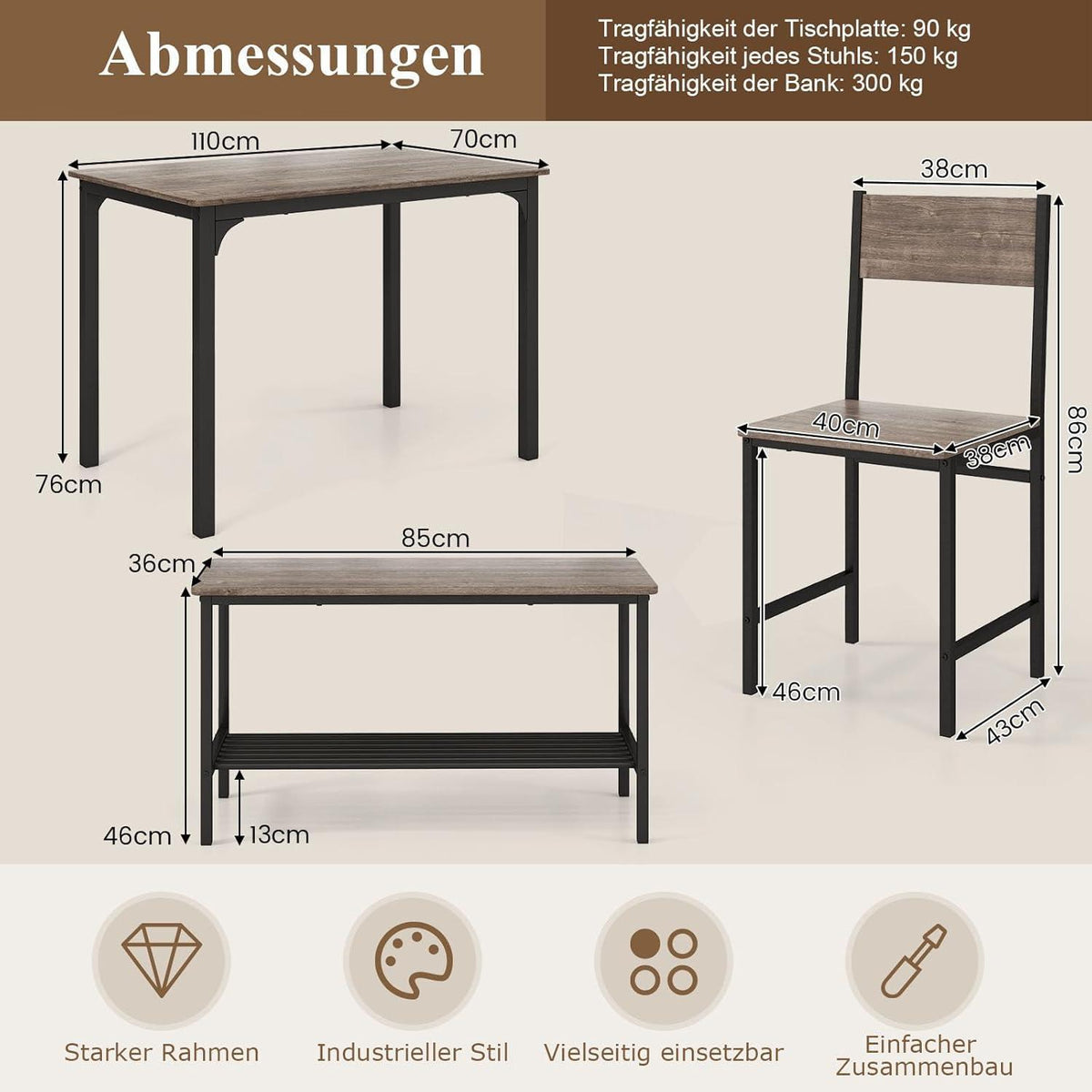 Esstisch Set 4-teilig mit Bank & Stühlen – Grau, Industriedesign