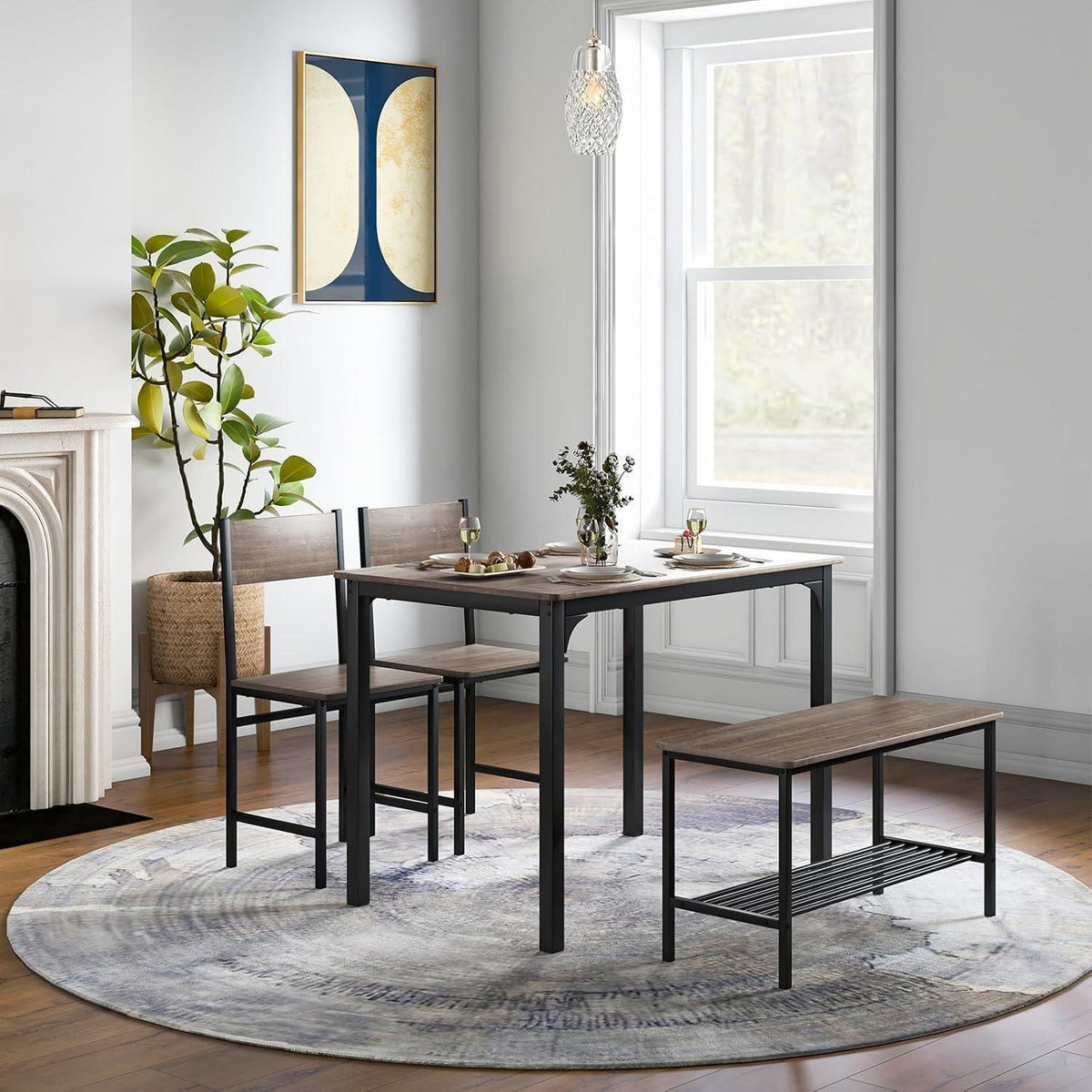 Esstisch Set 4-teilig mit Bank & Stühlen – Grau, Industriedesign