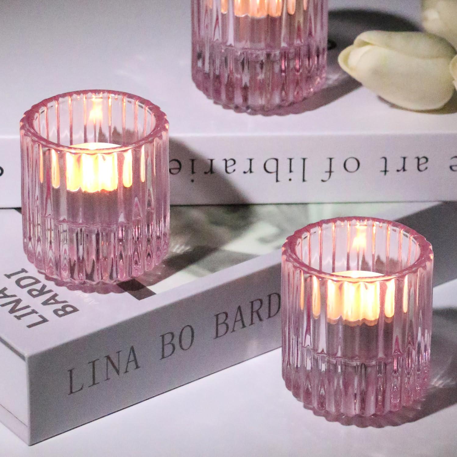Kerzenständer 3er Set Glas Kerzenhalter Teelichter Stabkerzen Rosa