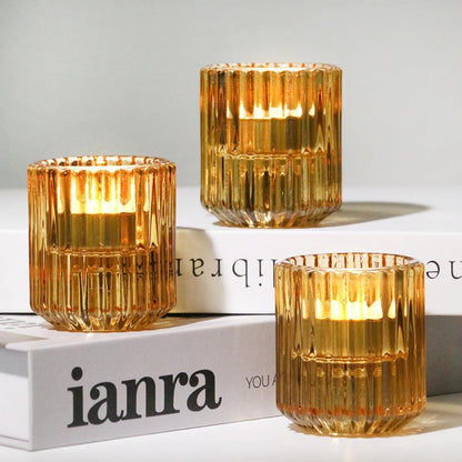 Kerzenständer Glas 3er Set Teelicht Stabkerzen Bernstein modern elegant neu