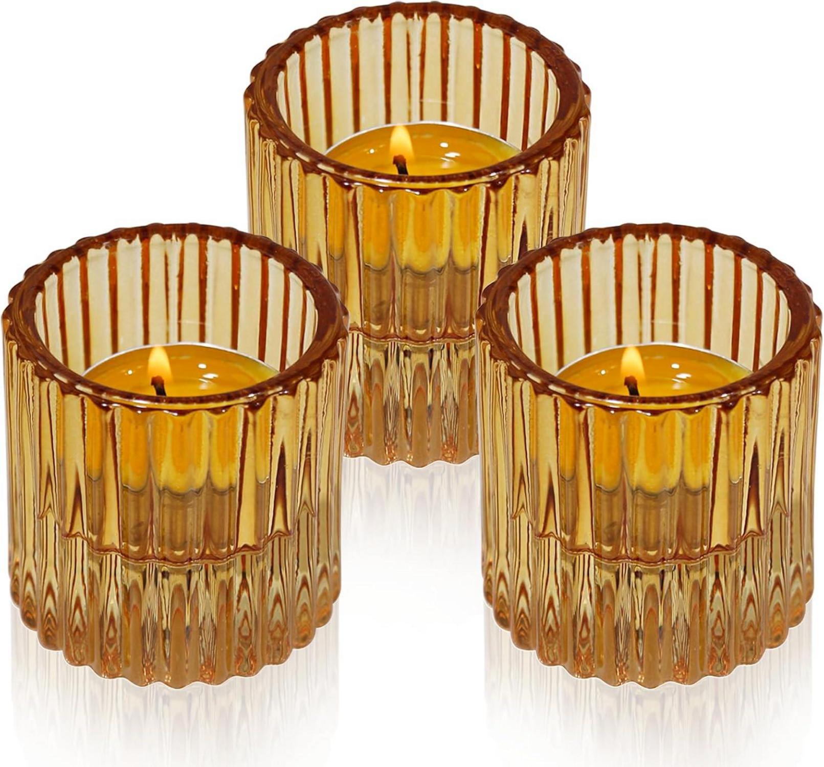 Kerzenständer Glas 3er Set Stabkerzen Teelichter Bernstein