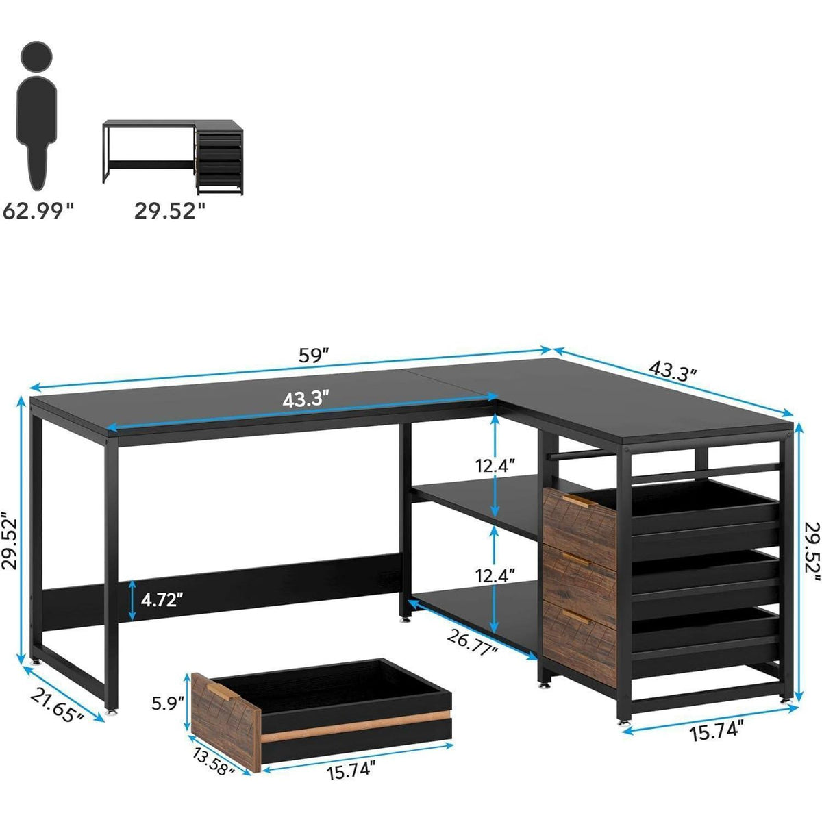 L-förmiger Schreibtisch mit Schubladen – Eckschreibtisch für Büro & Home Office