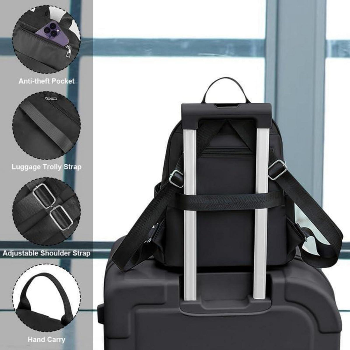 Damen Rucksack Klein Wasserdicht Nylon Reiserucksack Anti-Diebstahl B-schwarz
