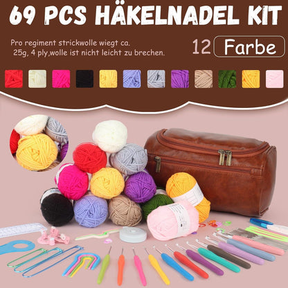 Häkelset für Anfänger mit 12 Acrylwolle, Tasche & 24 Nadeln
