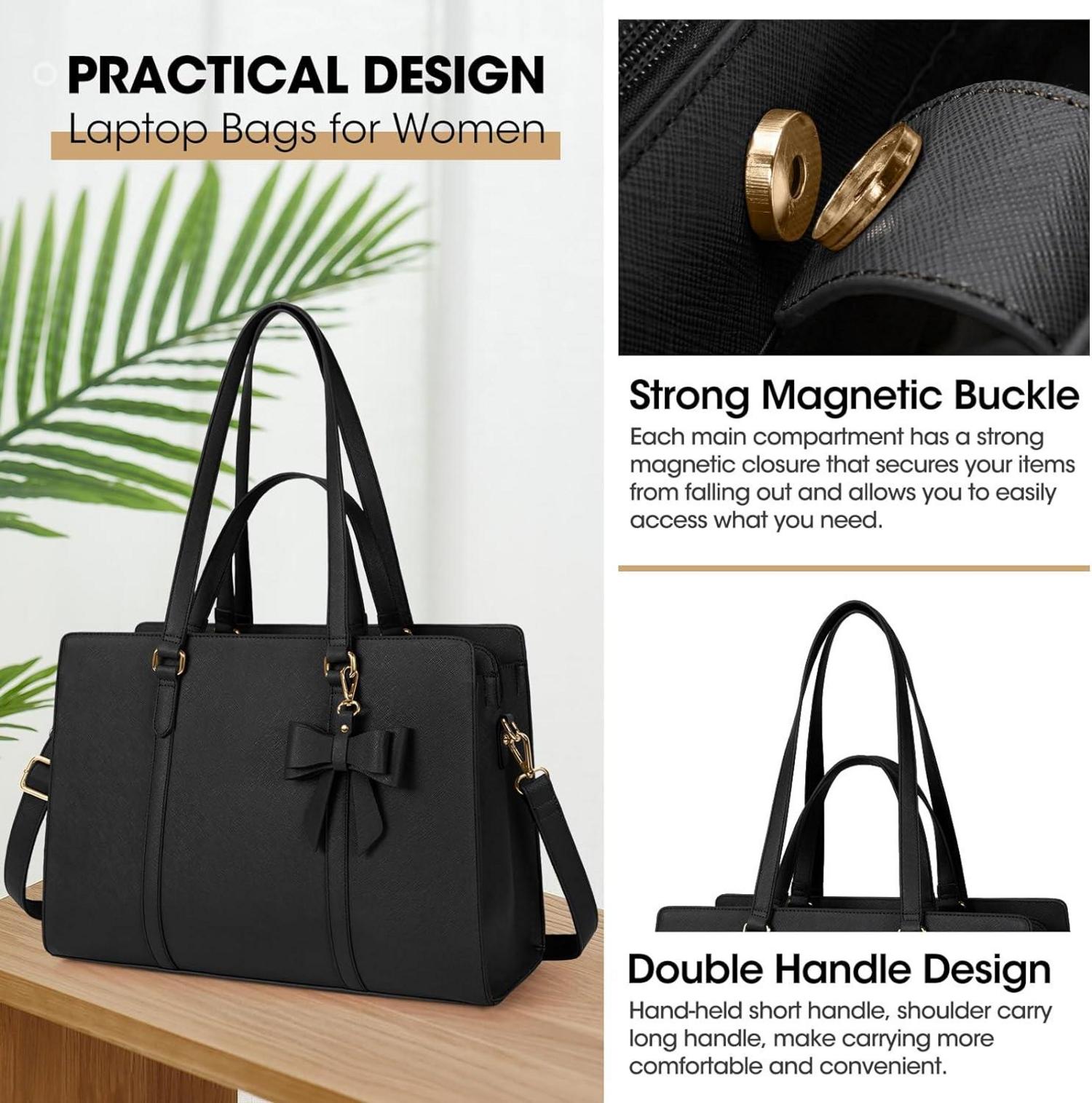 NEWHEY Handtasche Damen Große Laptoptasche 15.6 Zoll Schwarz PU Leder