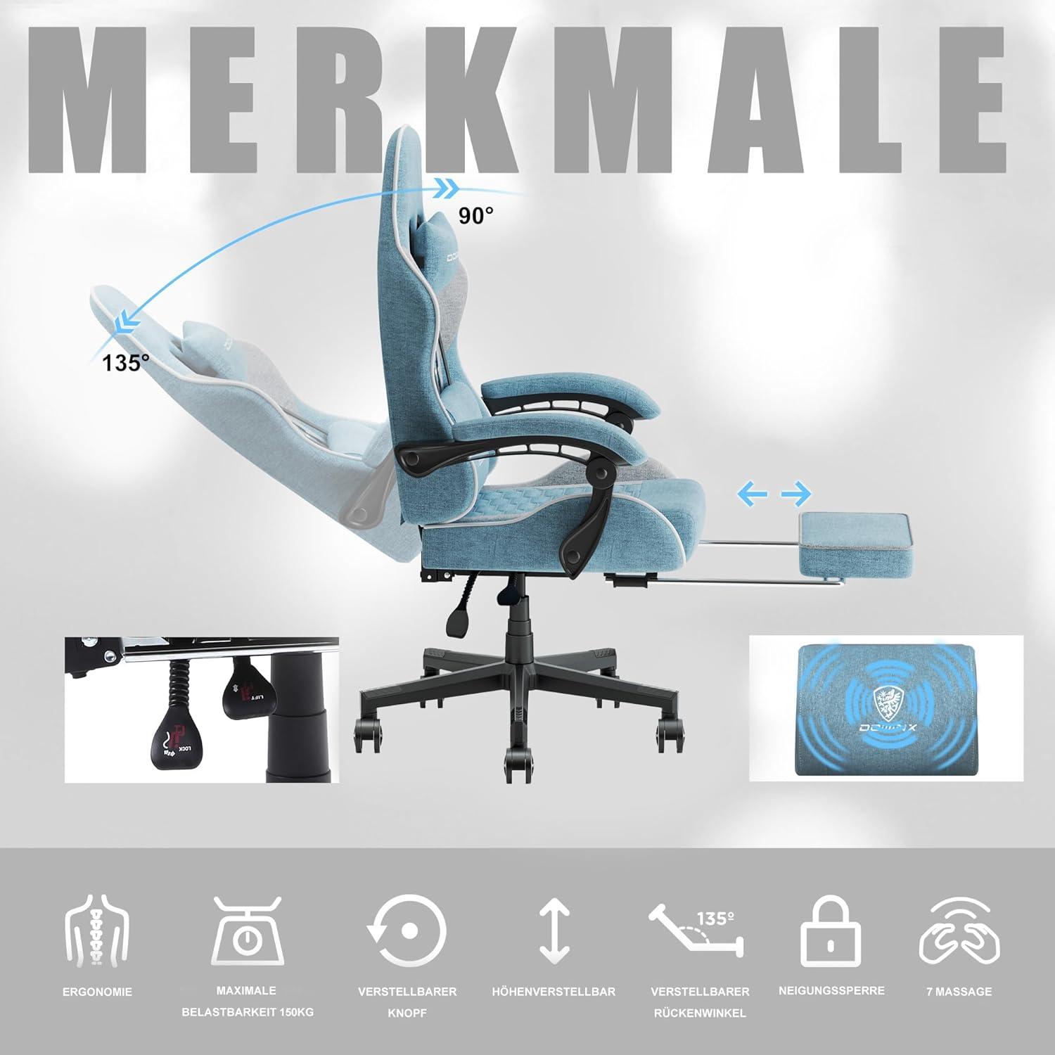 Ergonomischer Gaming Stuhl mit Massage Fußstütze Blau/Gray 136x60x57
