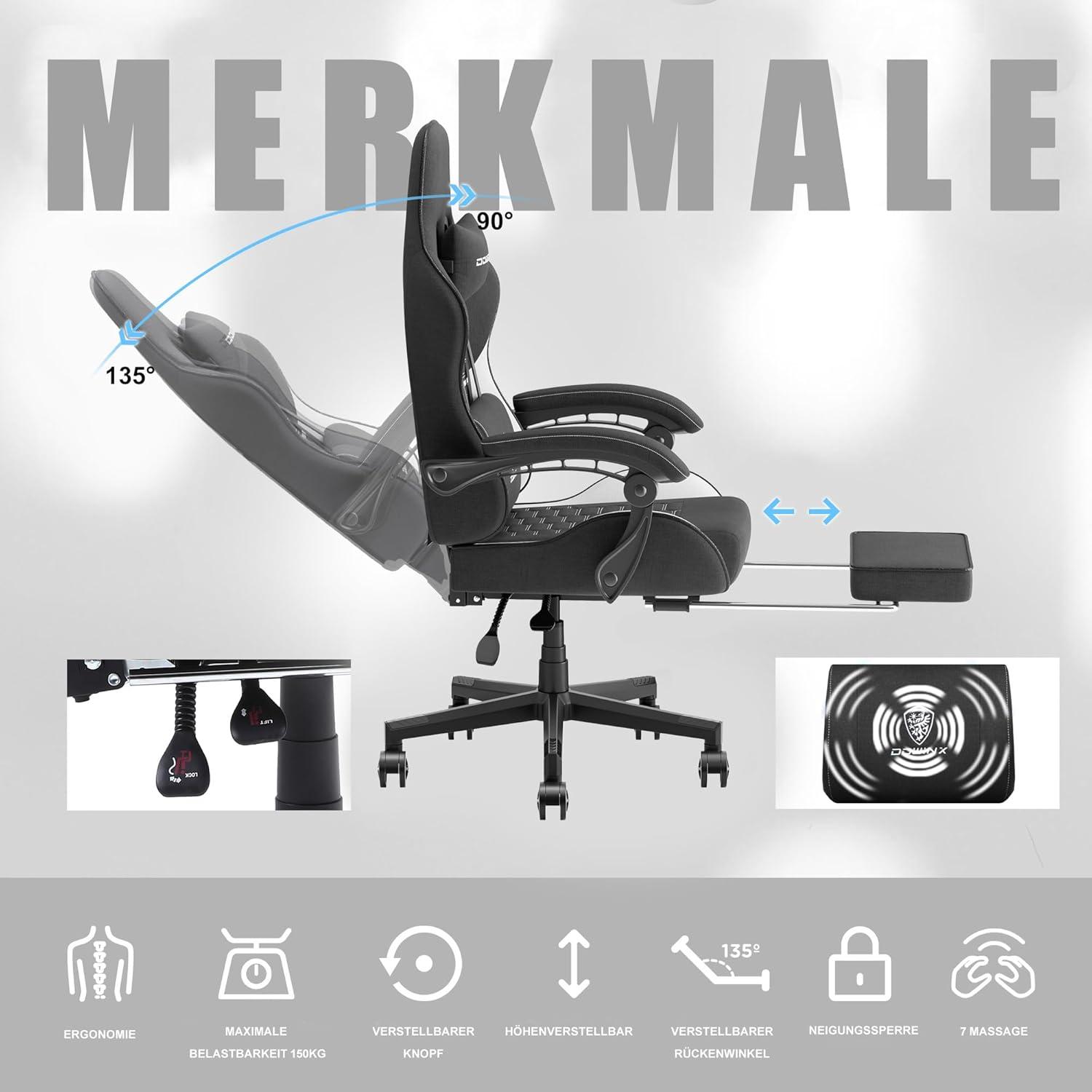 Gaming Stuhl Bürostuhl Massage Stoff Schwarz Weiß Ergonomisch