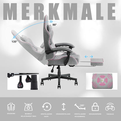Gaming Stuhl Bürostuhl Stoff Massage Kopfstütze Fußstütze Grau Pink